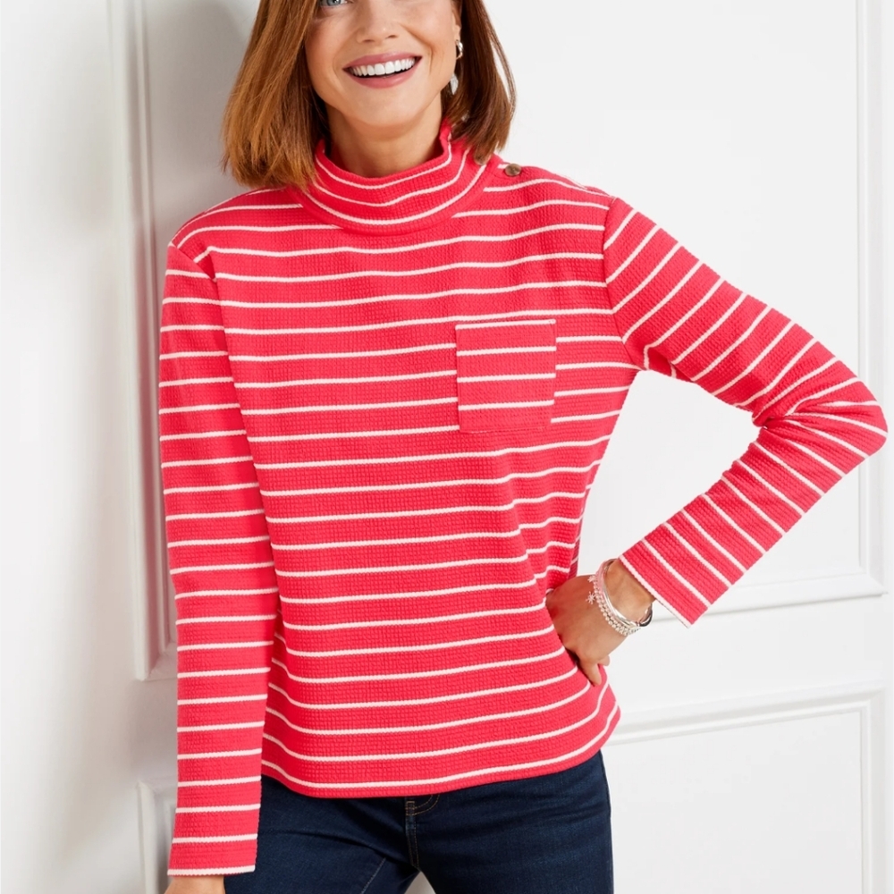 Talbots Petites Button Mockneck Pullover Sweater‎ L Pink Marin Stripe